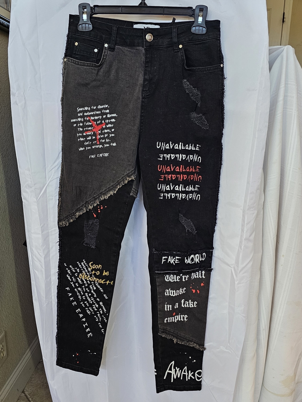 JK Designs Black Patchwork Skinny Jeans with White & Red Graphics